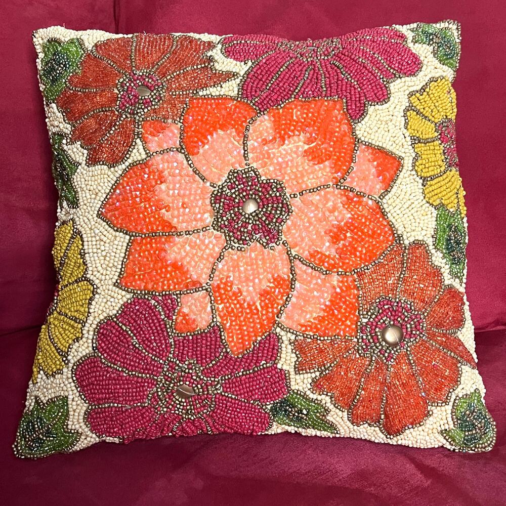 Vintage Pier 1 Beaded Sequined Pillow Floral Tropical Colorful Zippered Cover
